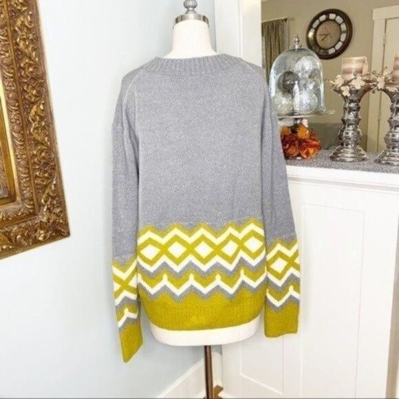 J. Crew Geometric Fair Isle Crewneck Sweater Gold Gray Cream Wool Medium - Picture 4 of 8
